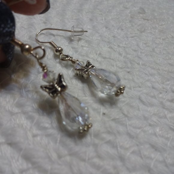 Beautiful CRYSTAL & SILVER BUTTERFLY Handmade Sterling 925 Dangle Earrings #5D - Picture 2 of 3